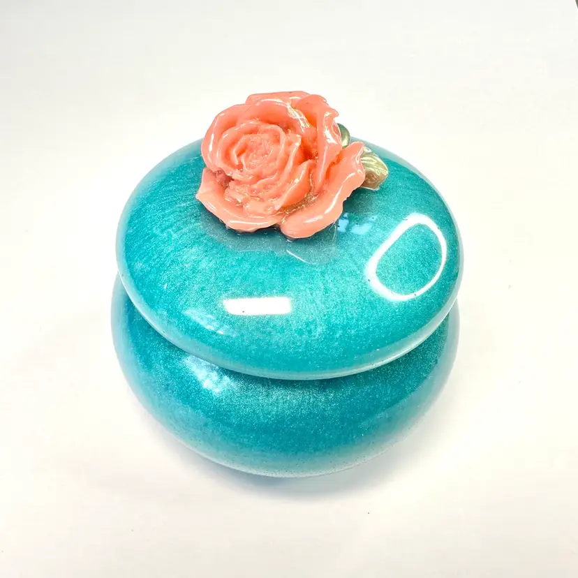 Flower Top Resin Trinket Box Shimmer Blue Peach Rose 2.5” x 1.75”
