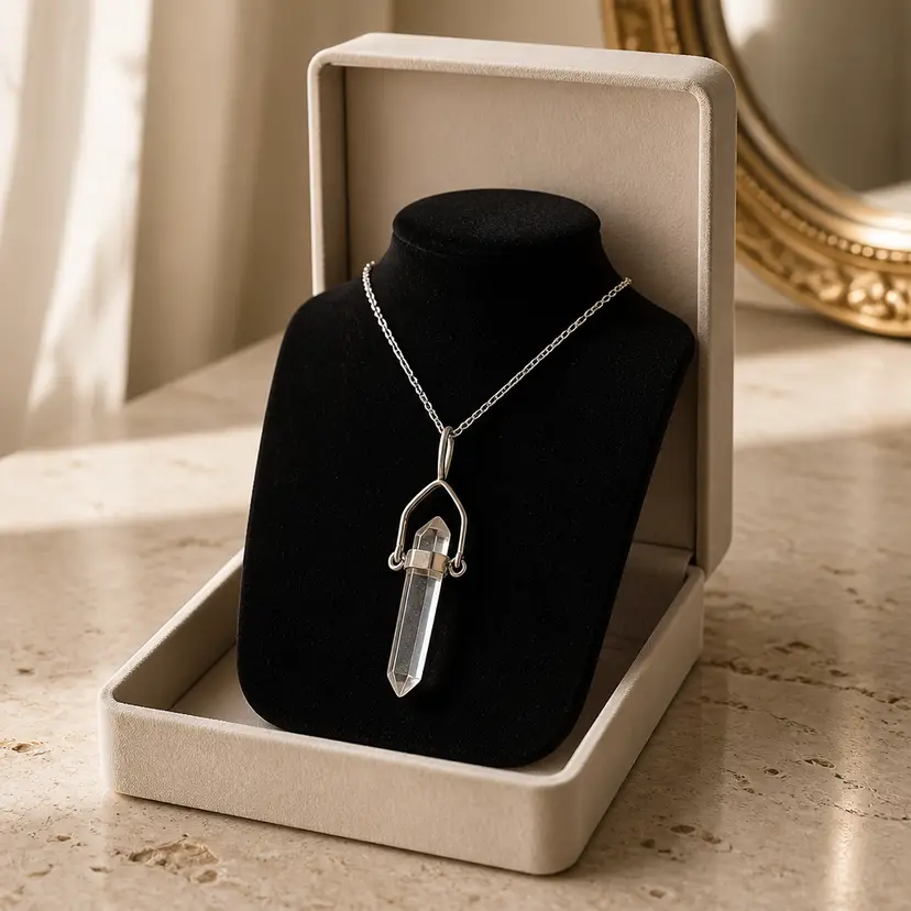 Sterling Silver Pendant w/ Clear Quartz Crystal Point, 1.75" Long