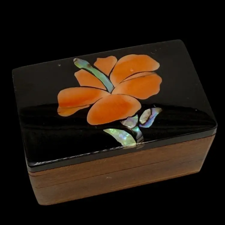 Mother Of Pearl Shell Inlaid Hibiscus Flower Lacquered Trinket Wood Box 2 1/2 X 1 1/2"