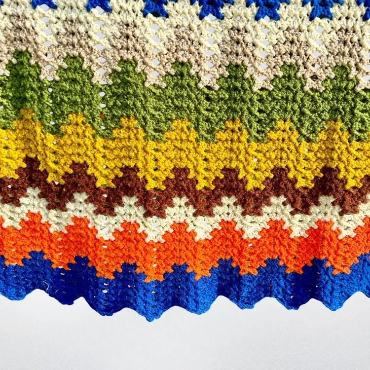 Handmade Scalloped Edge Zigzag Pattern Retro Multicoloured Blanket Throw 61x77”