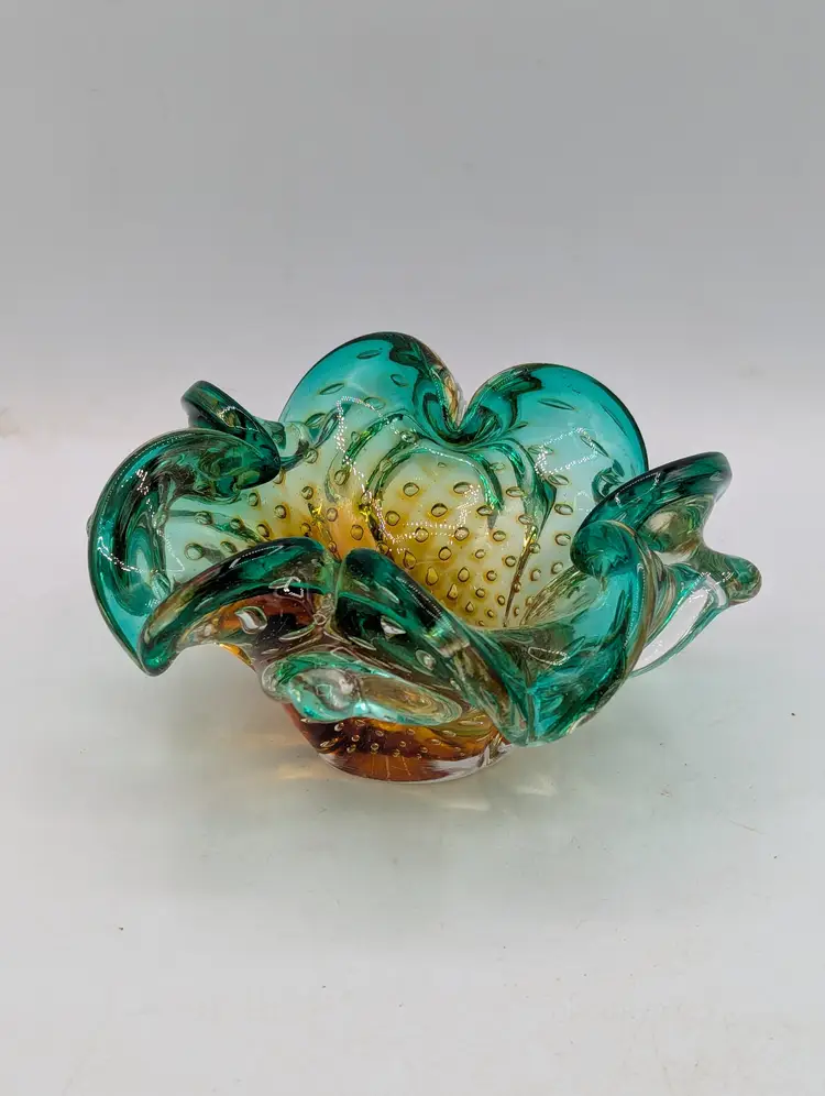 Vintage Murano Bullicante Art Glass Bowl - Teal & Amber Controlled Bubble Ruffled Rim - Mid-Century Italy
