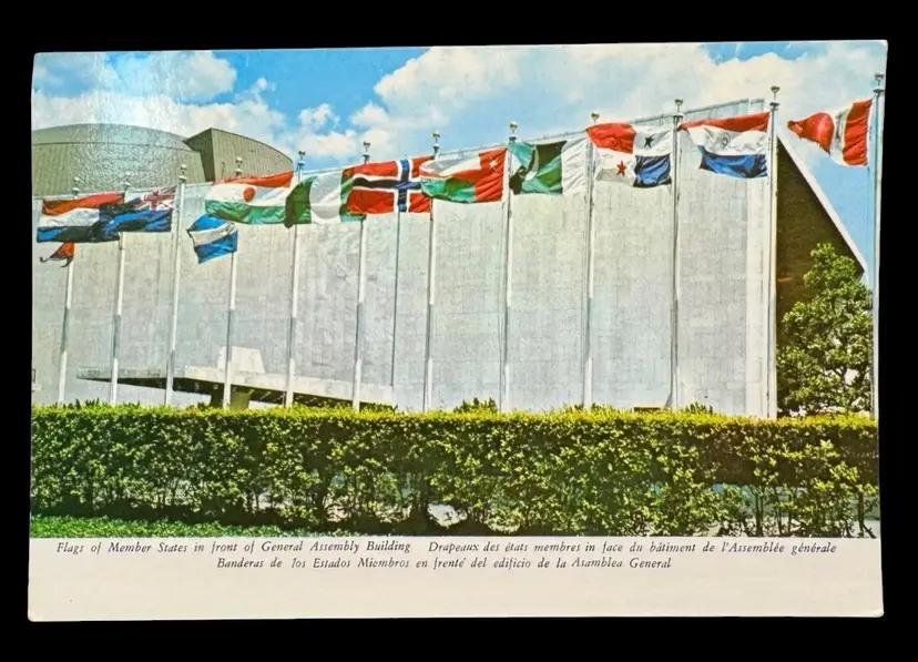 Vintage Continental Postcard United Nations General Assembly Flags Unposted