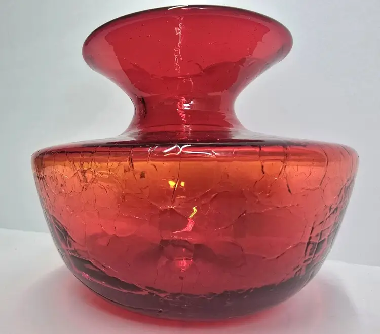 Blenko Joel Myer #6614 Tangerine/Red Spittoon Urn Crackle Glass.Glows.1968. READ
