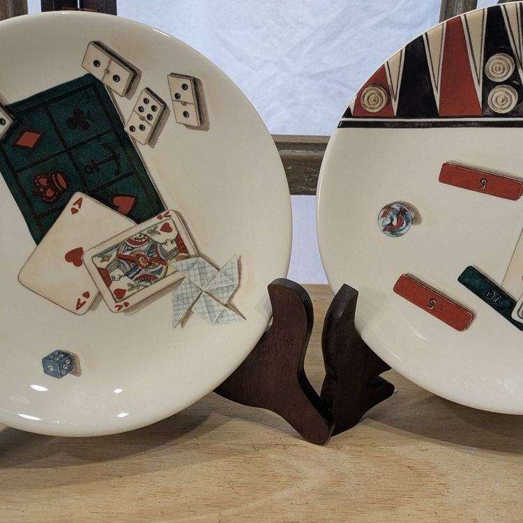 2 Gien France Faience Plates Cards Dice Dominos Chess Games Jeux RARE saucer