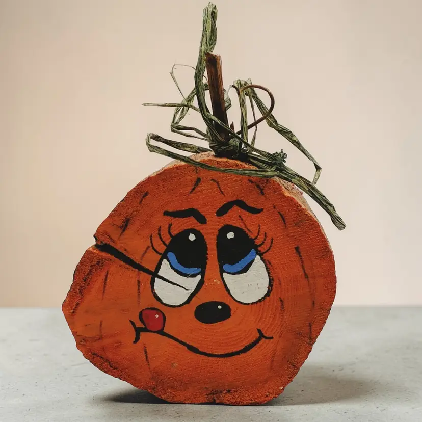 Pumpkin Log Hand Painted Funny Smiling Crafted Primitive Fall Halloween Decor