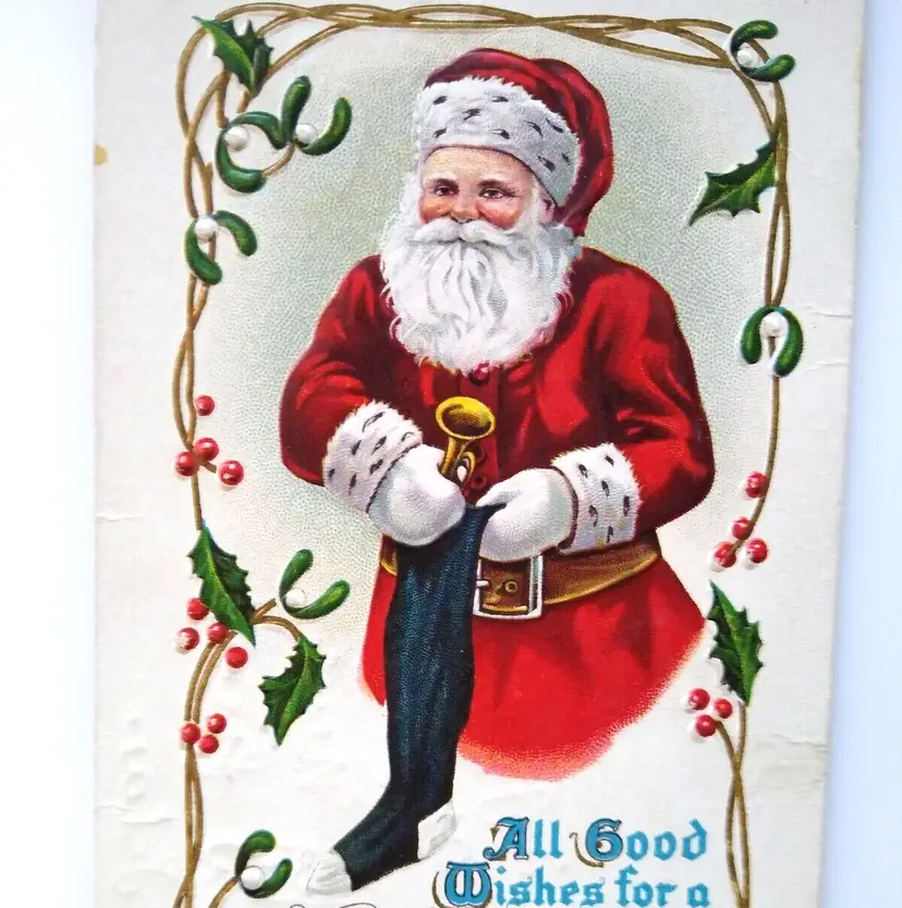 Santa Claus Father Christmas Postcard Holding Horn And Stocking Stecher Ser 314