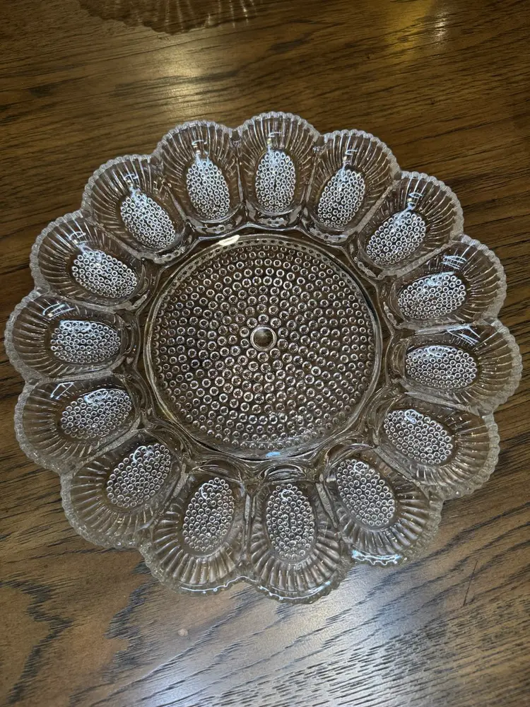 1960s Indiana Glass Deviled Egg Tray, Thick Hobnail Glass