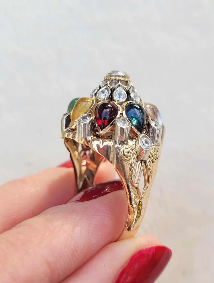 Antique Vtg 10k Gold Sapphire Emerald Princess Harem Cathedral Ring Sz 9.5 - 7.9g