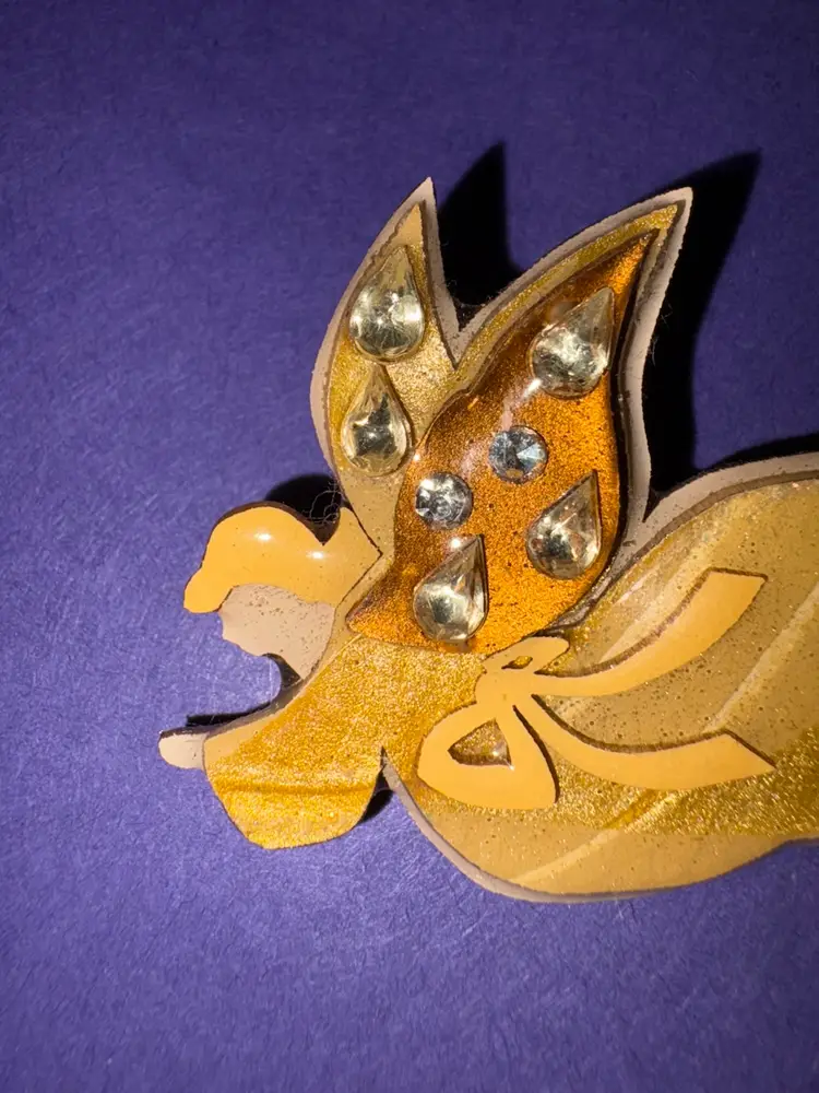 Vintage Designs By Lucinda Flying Angel Pin / Brooch - She is Wearing a Golden Shimmery Robe With Wings of Gold and Rhinestones ~ BEAUTIFUL