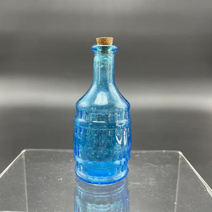 Miniature Blue Glass Apothecary Bottle with Cork Root Bitters Vintage