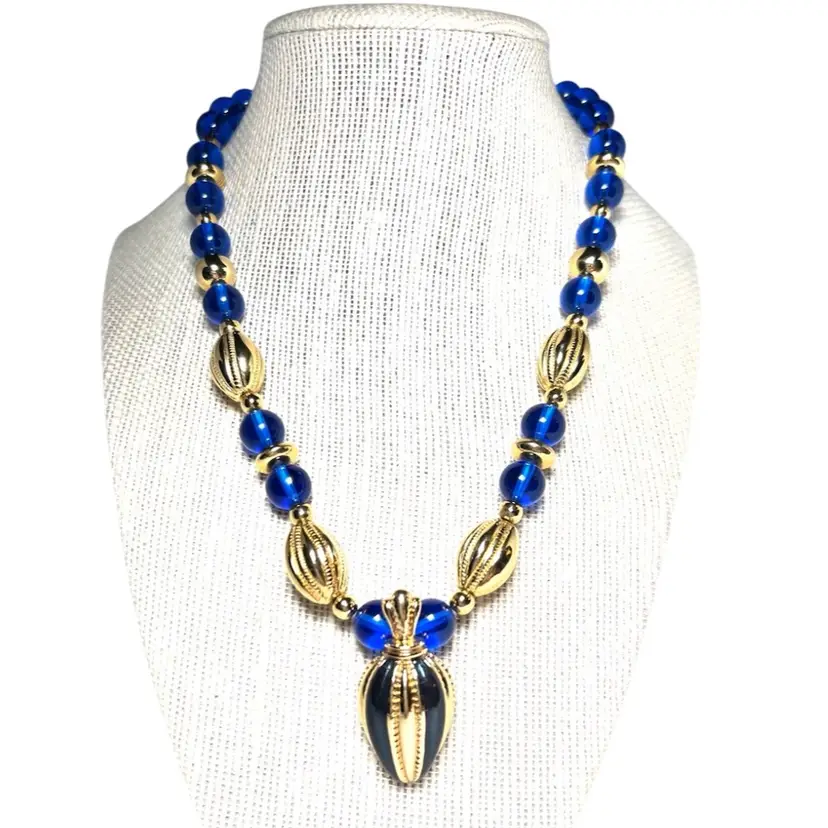 Avon Vibrant Cobalt Blue Glass Beaded Gold-toned Necklace. Removable Clip-on Pendant.