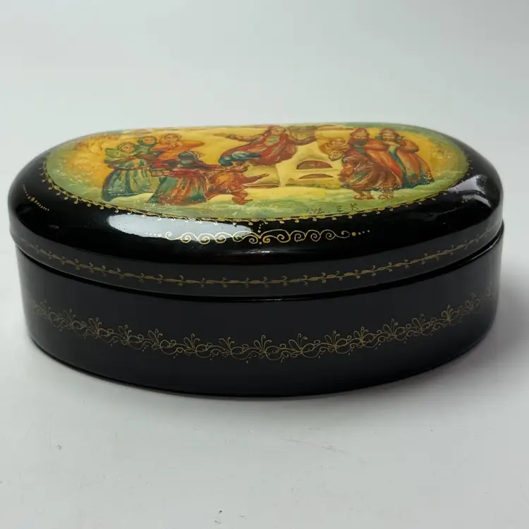 Vintage Russian Lacquer Box Fairy Tale Village Scene Hearth Bear Signed Miniature Painting