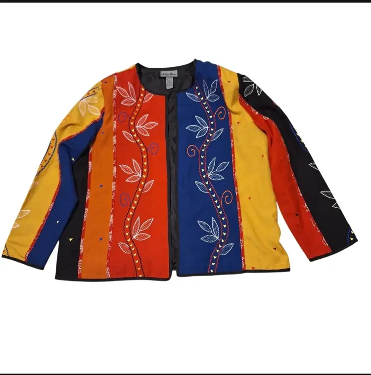 Indigo Moon Colorblock Floral Embroidered Statement Jacket Artsy Chic Sz L