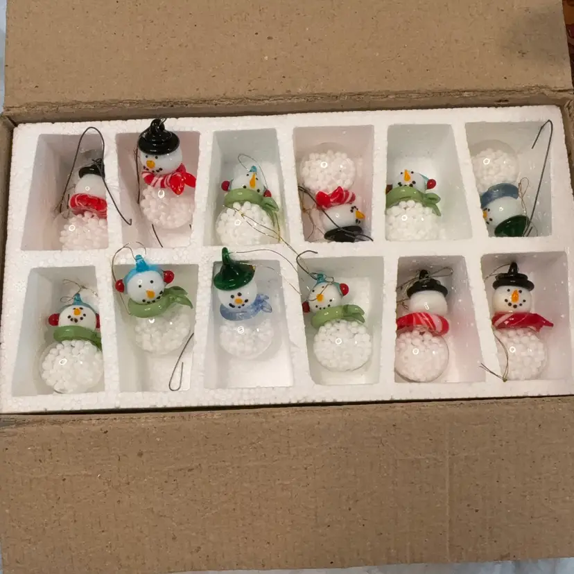12 Blown Glass Snowman Ornaments Combo Of Red, Green And Blue Scarves 2” Tall