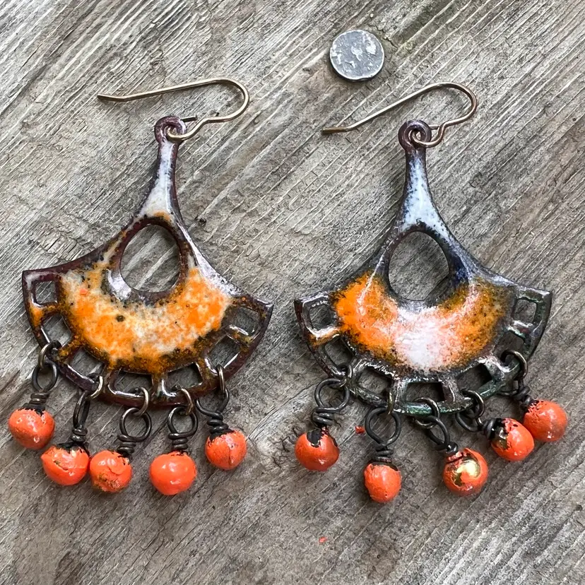 Handmade Organic Orange Themed Enamel On Copper Earrings