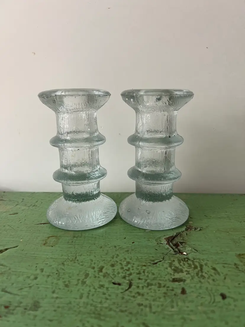 Staffan Gellerstedt MCM Glass Candle Stick Holders. Pukeberg Sweden 1970s Retro Frosted Textured