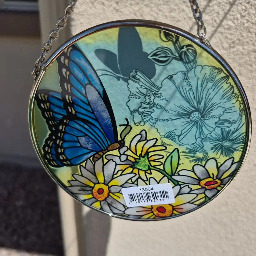Handcrafted Glass Suncatcher By Bridgeton Hall With Blue Butterfly Daisies Chain