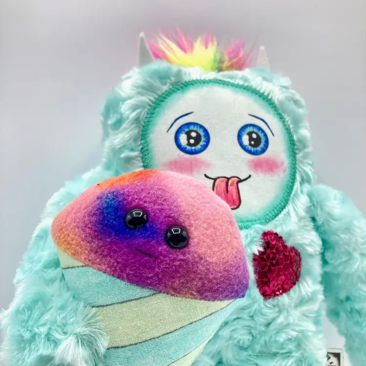 Yeti Sweetheart Handmade Plushie Monster Doll with Snowcone, Soft Faux Fur Stuffed Toy