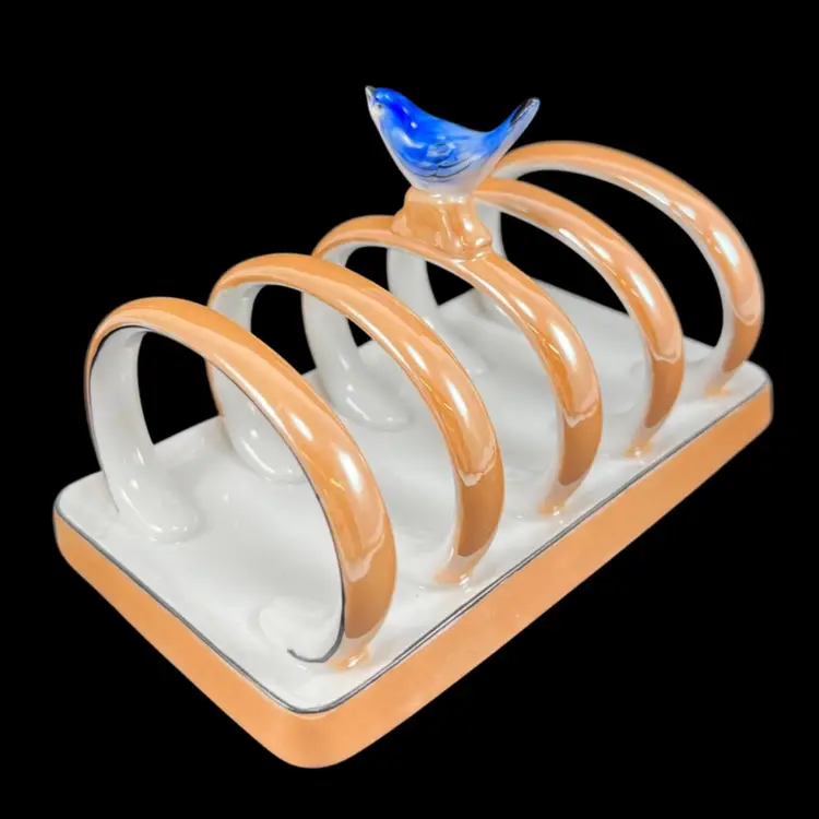 Noritake Lusterware Toast Rack With Bird, Hand Painted Noritake Orange Iridescent Porcelain Bird Toast Rack, Made In Japan, Noritake M Green Wreath Mark