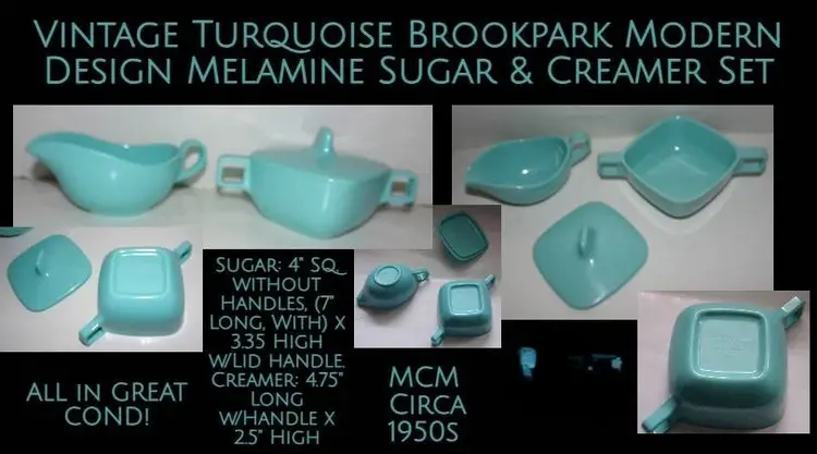Vintage Brookpark Melmac Breakfast Set: Joan Luntz Turquoise Sugar & Creamer Set