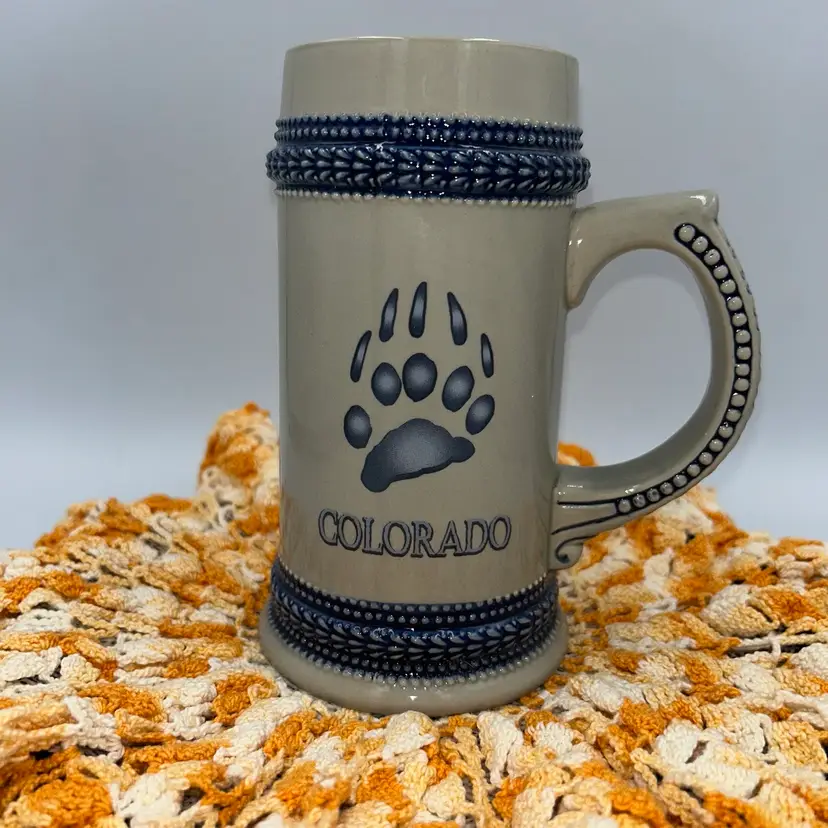Vintage Pottery Beer Stein, Mug, Tankard With Bear Claw And The Word “Colorado” Beneath.