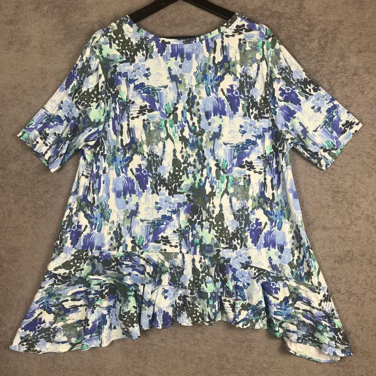 LOGO by Lori Goldstein Top Womens PTP 23" Size XL Blue Green Ruffle Hem Watercolor Artistic Flowy