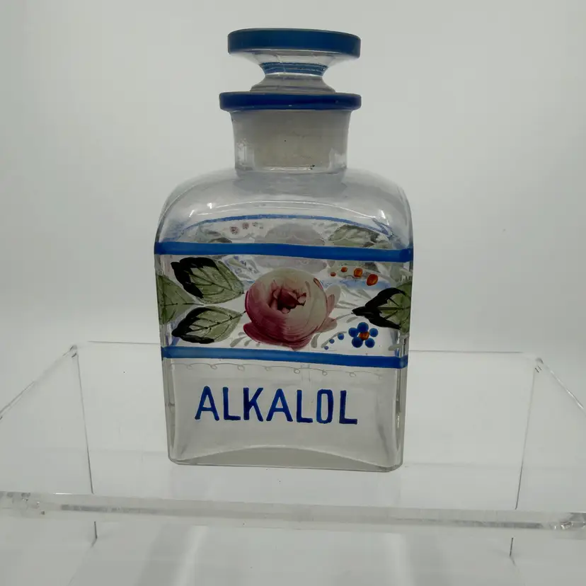 Antique “Alkalol” Hand Painted Floral & Blue Dresser Bottle Glows