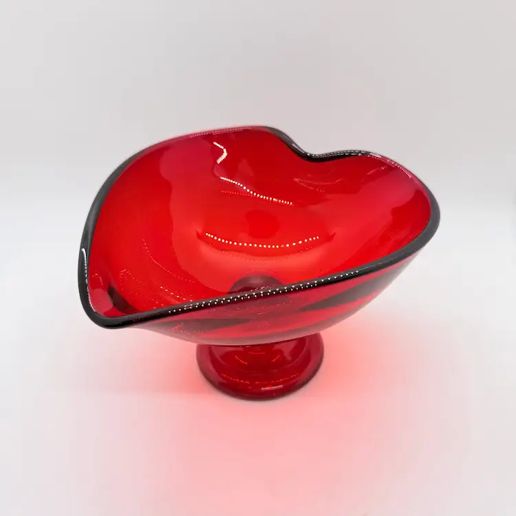 Vintage Red Heart Shaped Footed Compote Candy Dish Fostoria Glass Faint UV Glow