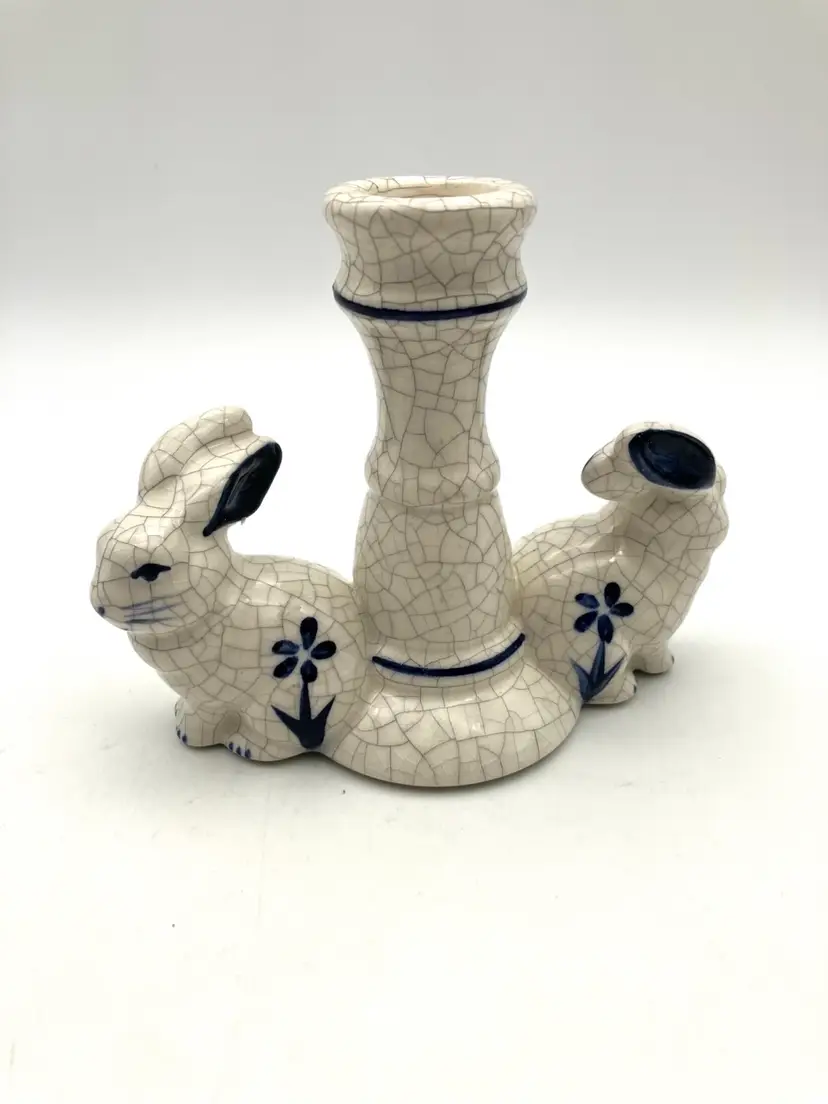 BIN - Vintage Dedham Pottery Bunny Rabbits Candlestick Candle Holder 5”
