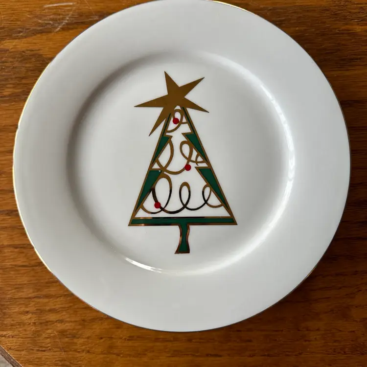 Pier 1 Imports Christmas Tree Appetizer/Dessert Plate Bundle Of 8 Red Green Gold