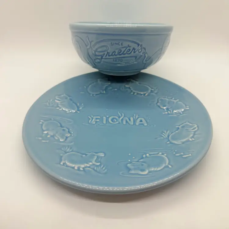 Rookwood Pottery Fiona the Hippo Dessert Plate & Graeter's Ice Cream Bowl Set