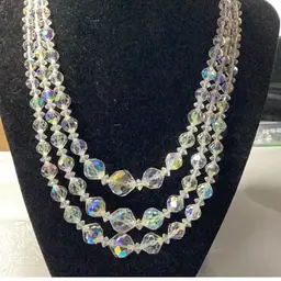 Vintage 1950s AB Crystal Beads 3 Strands 8” Drop Down 3.5 Extender
