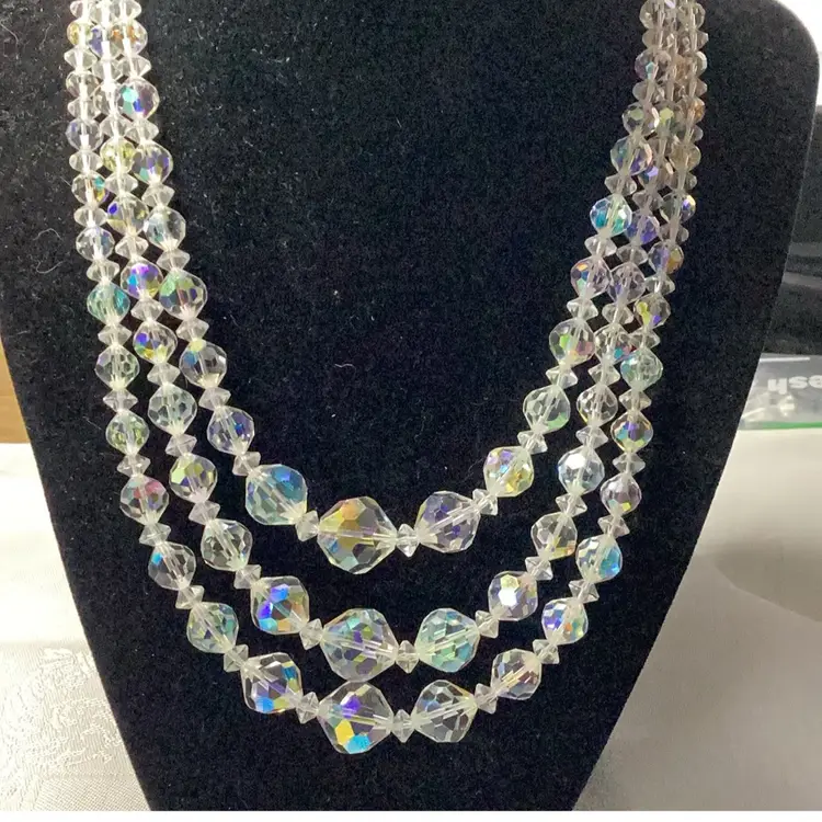 Vintage 1950s AB Crystal Beads 3 Strands 8” Drop Down 3.5 Extender
