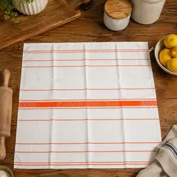 Vintage Dutch Linen Tea Towel Dish Cloth - 22"x32" Orange Stripe Farmhouse Kitchen. Towel