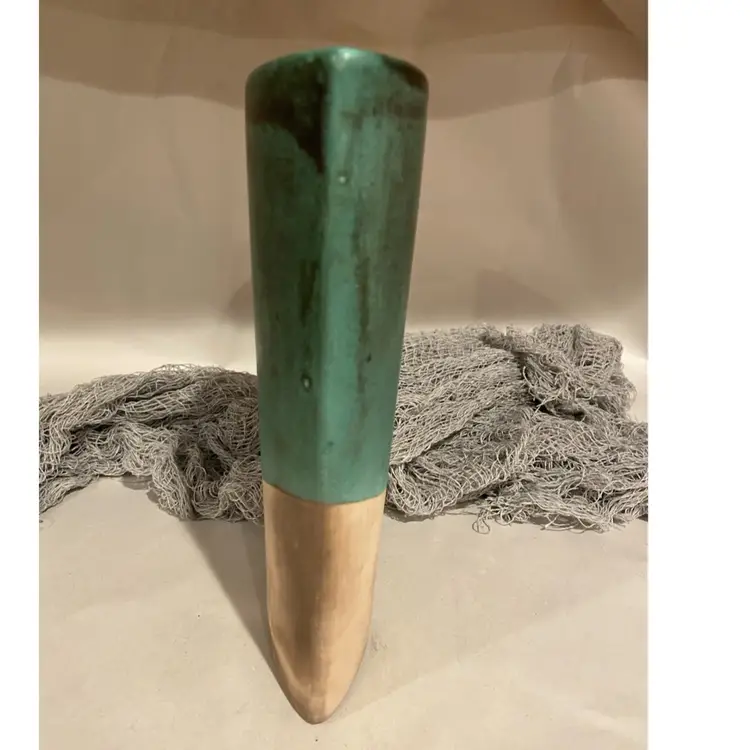 Skinny Green Pottery Vase Signed