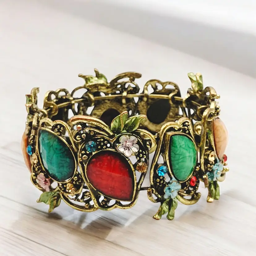 Antiqued Brass Tone Apple Design Multicolored Stones Jewels Hinged Bracelet