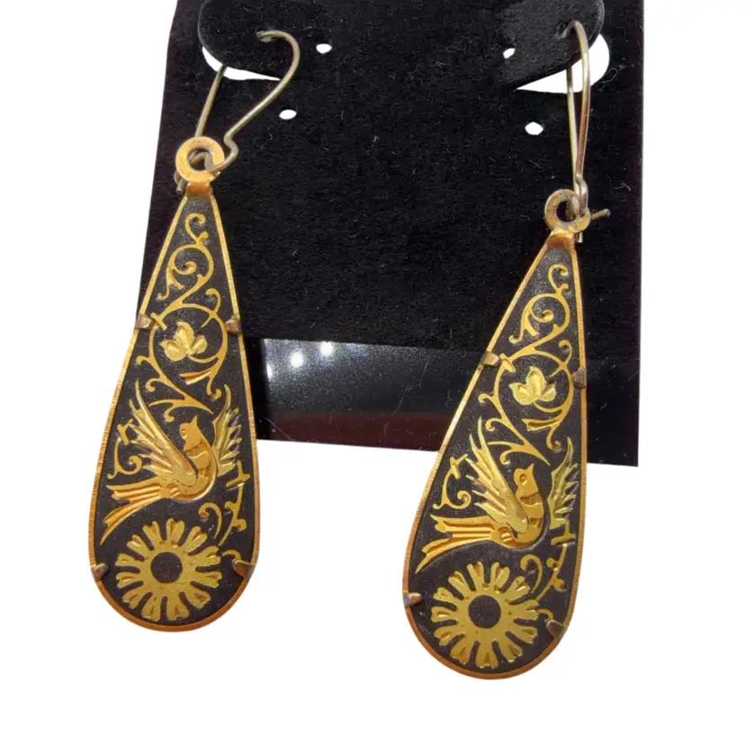 Vintage Birds Damascene Spanish long drop earrings