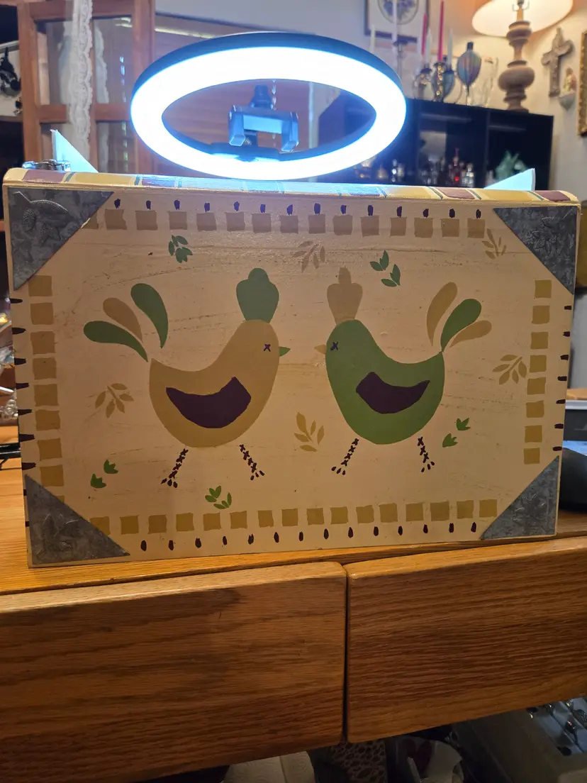 Decorative Hand-Painted Wooden Box with Chicken Design – Folk Art Style Storage or Keepsake Box