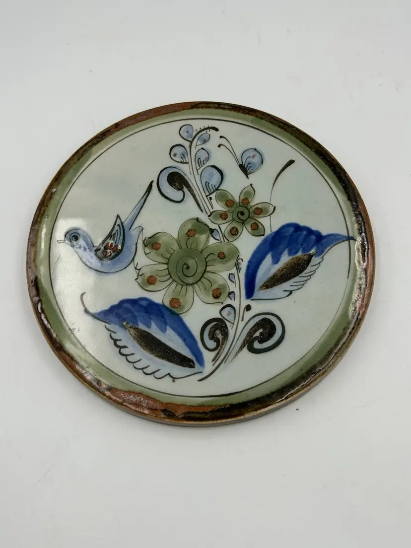 Vintage Tonala  Ken Edwards, Mexican Pottery, Bird Plate, Trivet Dish, Floral