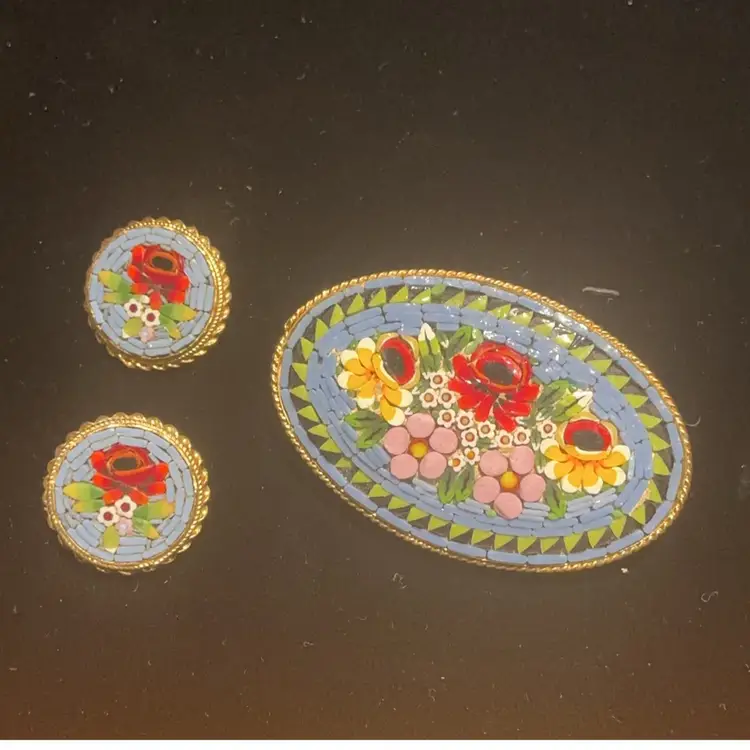 Vintage Micro Mosaic Italy Brooch Earrings Set