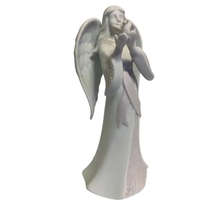 63. White Bisque Porcelain 6” Tall Angel With Open Wings Featuring Gold Color Detail