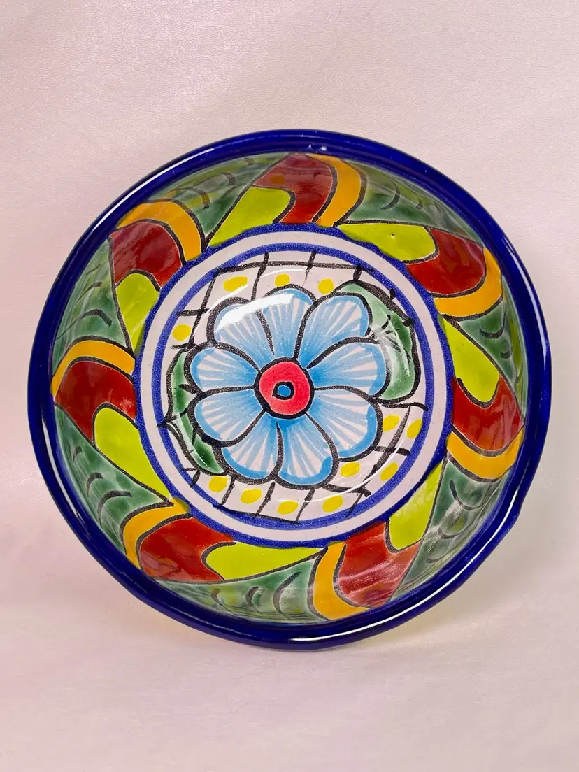 Signed Talavera Style Hand Painted Mexican Pottery Bowl  5-1/2 Inches Floral