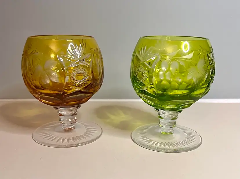Two Vintage Nachtmann Traube German Cognac Glasses Amber Green