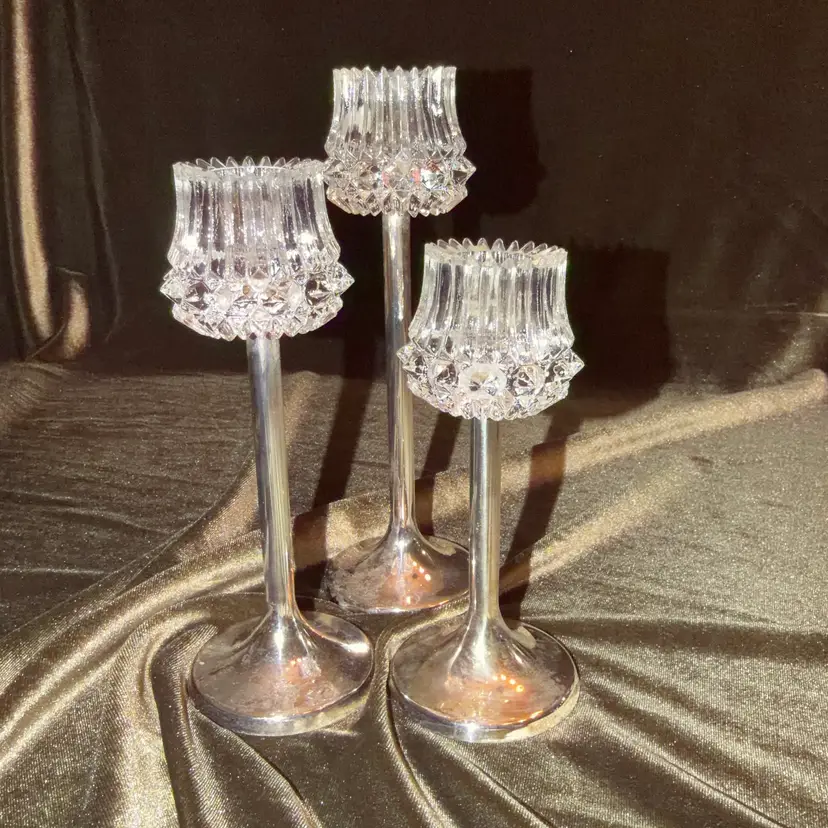 Set of 3 Graduated Vintage Tulip Cut Glass with Silver Plated Base Candle Holders - West Germany