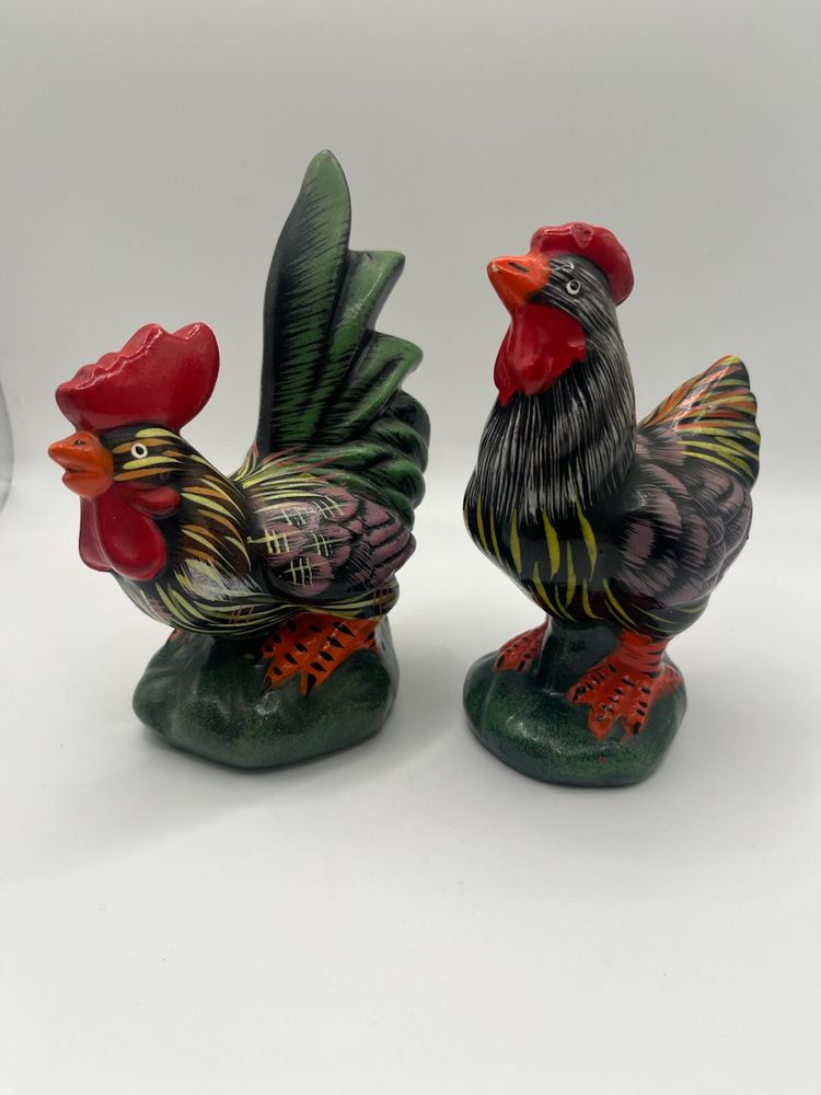 Set Of 2 Roosters Colorful Hand Painted Country Decor Ceramic