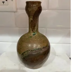 Pottery Vase Brown And Gwen Glaze Signed By Artist