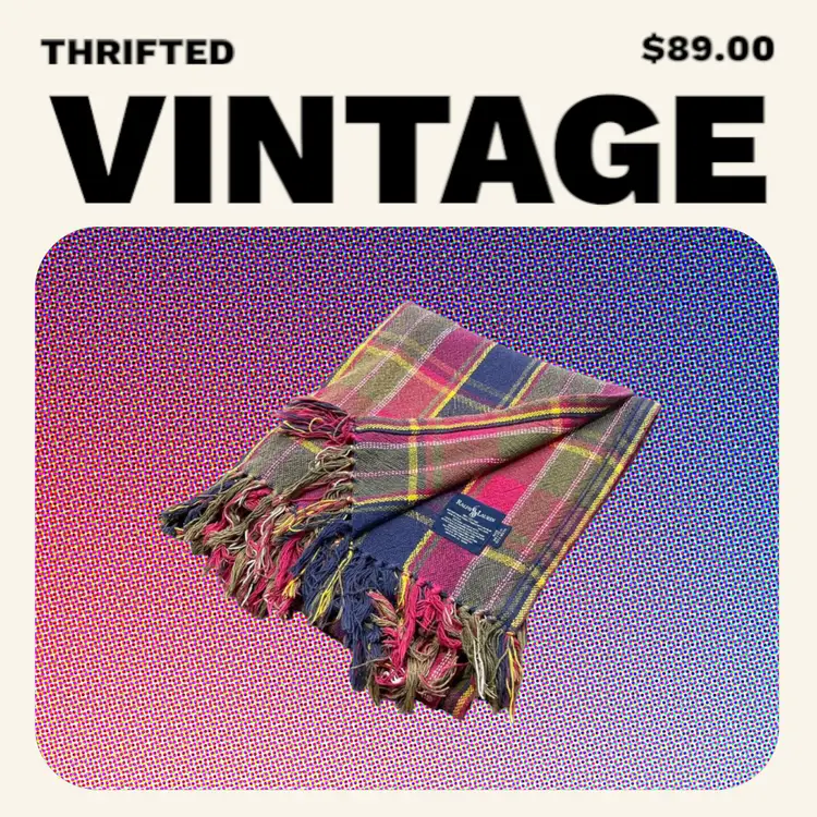 BY RALPH LAUREN 1990'S VINTAGE ,RETRO, TARTAN PLAID FRINGE, THROW, EQUESTRIAN FEEL, MEDIUM TO LIGHTWEIGHT WOVEN COTTON.. NICE CONDITION $159.99