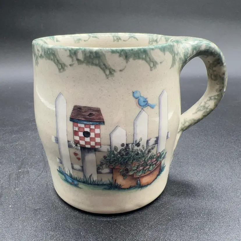 Marshall Pottery Lisa K Birdhouse Bluebird Stoneware Coffee Mug Signed Texas Pattern 3000