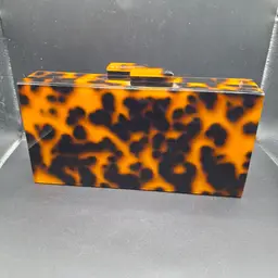 Tortoiseshell Acrylic Box Clutch Purse Gold Chain Strap Pink Interior Magnetic