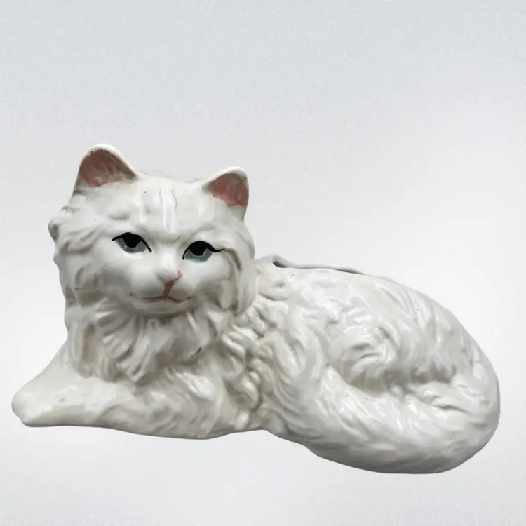 Vintage Cat Kitty Planter Blue Eyes Pink Ears Retro CottageCore GrannyCore Has Been Loved READ